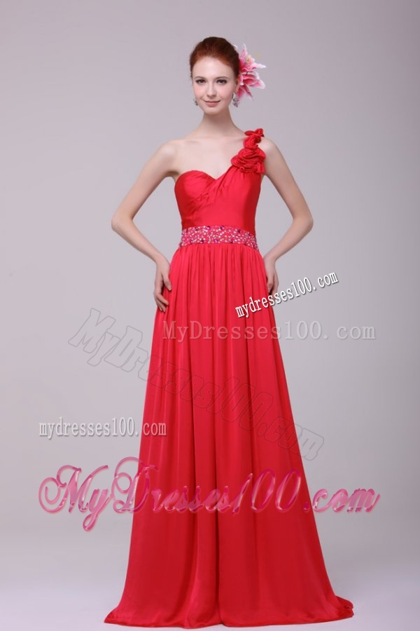 Red One Shoulder Beading and Flowers Brush Train Evening Dress