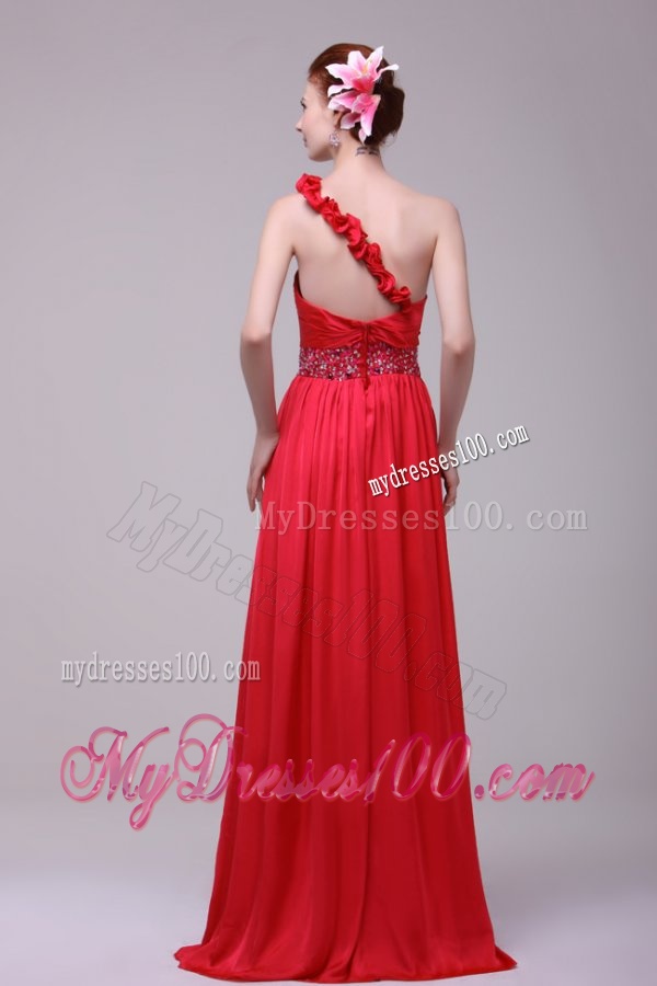 Red One Shoulder Beading and Flowers Brush Train Evening Dress