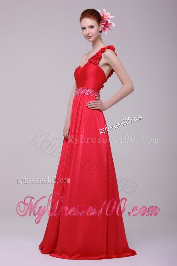 Red One Shoulder Beading and Flowers Brush Train Evening Dress