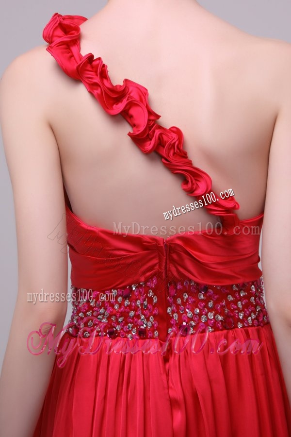 Red One Shoulder Beading and Flowers Brush Train Evening Dress
