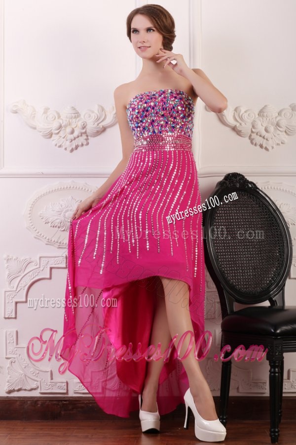 Rhinestone and Beading Strapless High-low Chiffon Hot Pink Evening Dress