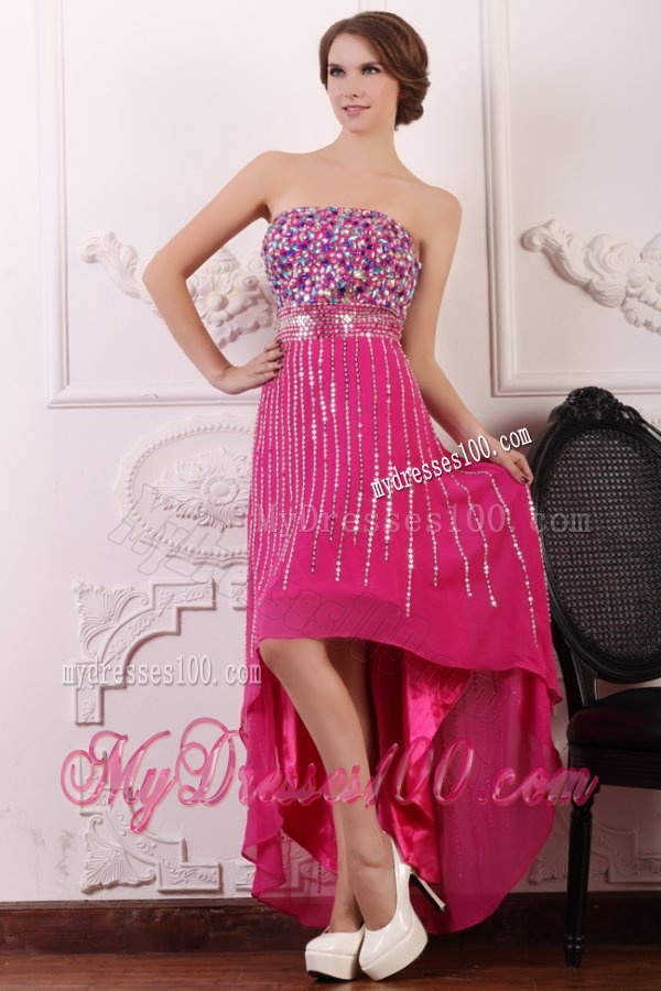 Rhinestone and Beading Strapless High-low Chiffon Hot Pink Evening Dress