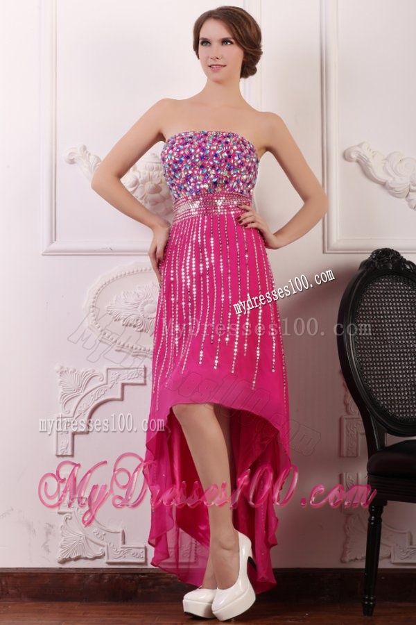 Rhinestone and Beading Strapless High-low Chiffon Hot Pink Evening Dress