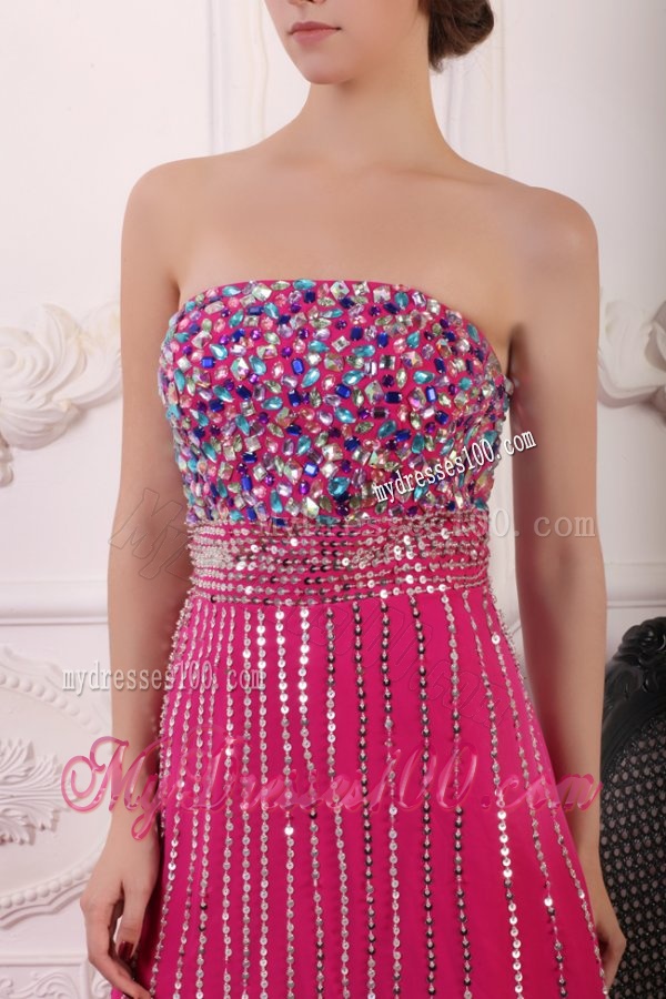 Rhinestone and Beading Strapless High-low Chiffon Hot Pink Evening Dress