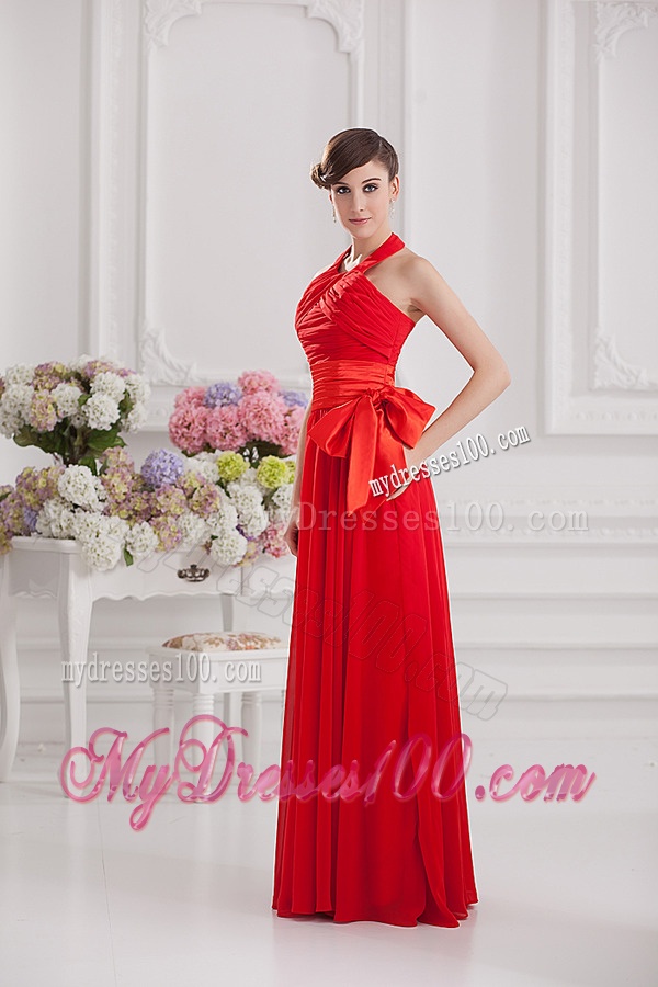 Ruching and Bowknot Halter Top Empire Evening Dress in Red