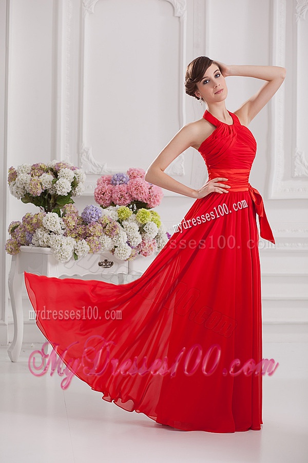 Ruching and Bowknot Halter Top Empire Evening Dress in Red