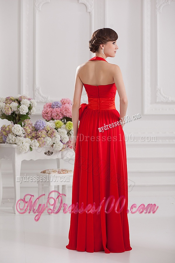 Ruching and Bowknot Halter Top Empire Evening Dress in Red