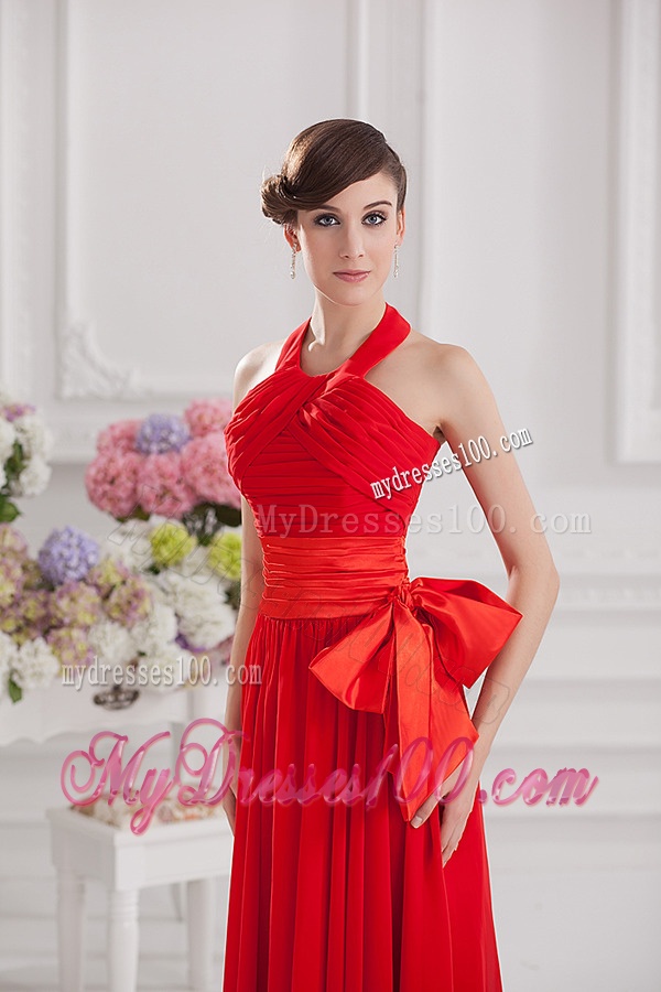 Ruching and Bowknot Halter Top Empire Evening Dress in Red