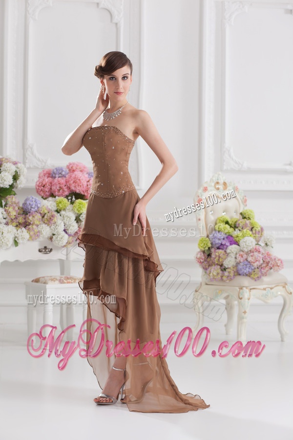 Saddle Brown A-line Strapless Chiffon High-low Evening Dress with Beading