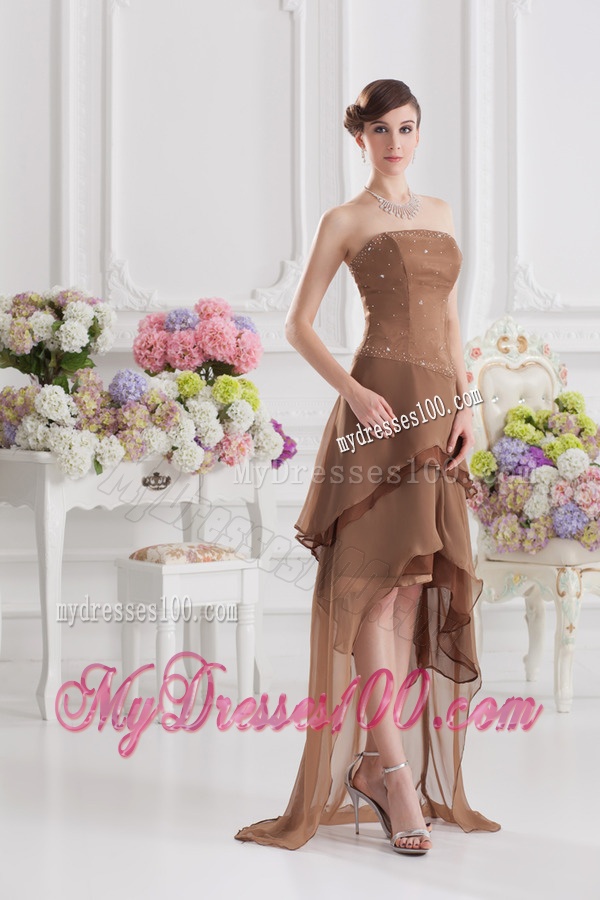 Saddle Brown A-line Strapless Chiffon High-low Evening Dress with Beading