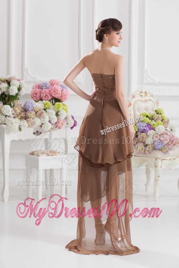 Saddle Brown A-line Strapless Chiffon High-low Evening Dress with Beading