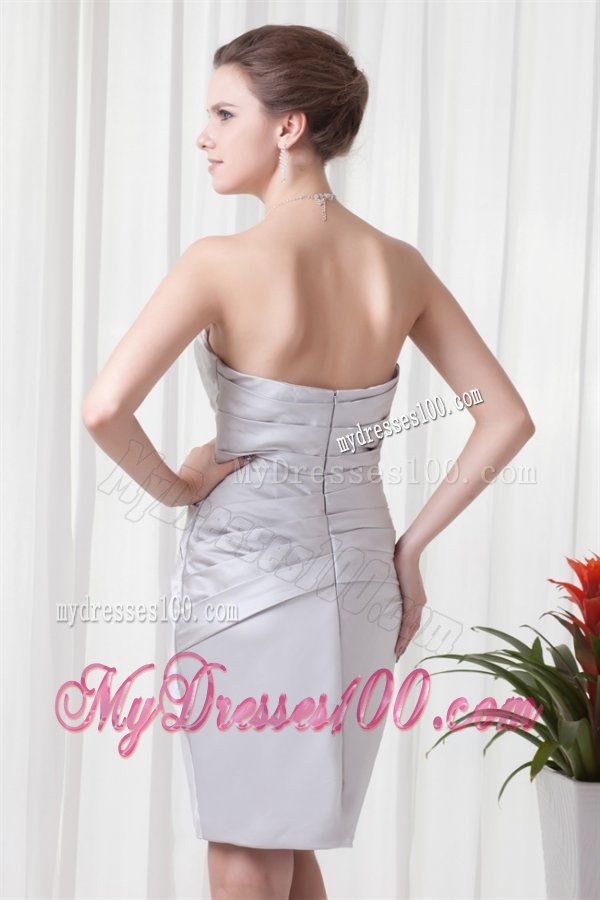 Silver Column Sweetheart Short Evening Dress with Beading and Ruching