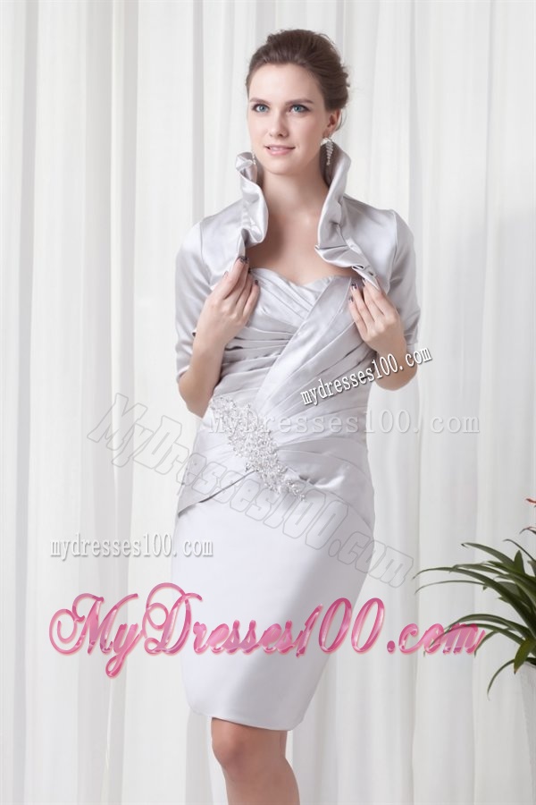 Silver Column Sweetheart Short Evening Dress with Beading and Ruching