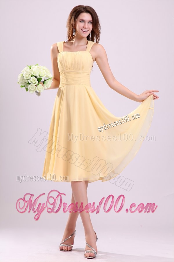 Simple A-line Straps Yellow Evening Dress in Tea-length