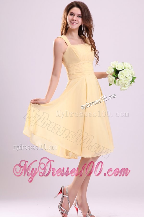 Simple A-line Straps Yellow Evening Dress in Tea-length