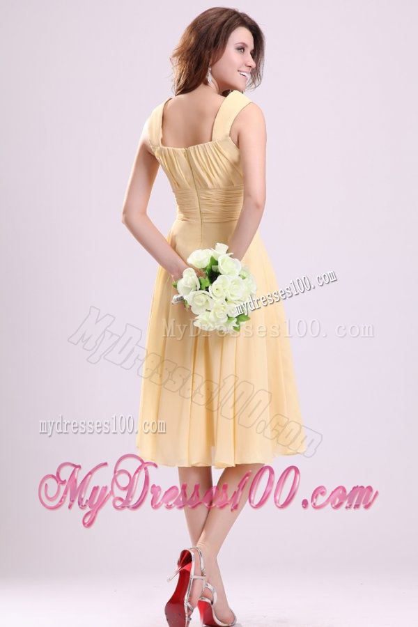 Simple A-line Straps Yellow Evening Dress in Tea-length