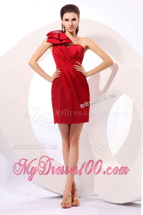 Simple Column One Shoulder Mini-length Bowknot Taffeta Red Evening Dress