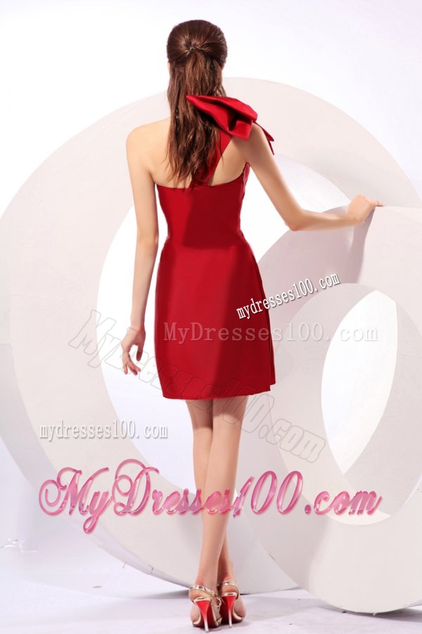 Simple Column One Shoulder Mini-length Bowknot Taffeta Red Evening Dress
