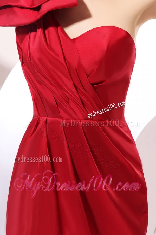Simple Column One Shoulder Mini-length Bowknot Taffeta Red Evening Dress
