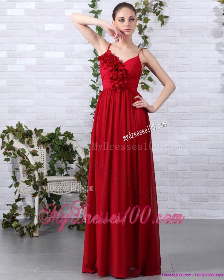 Spaghetti Straps Long Evening Dresses with Ruching and Hand Made Flowers