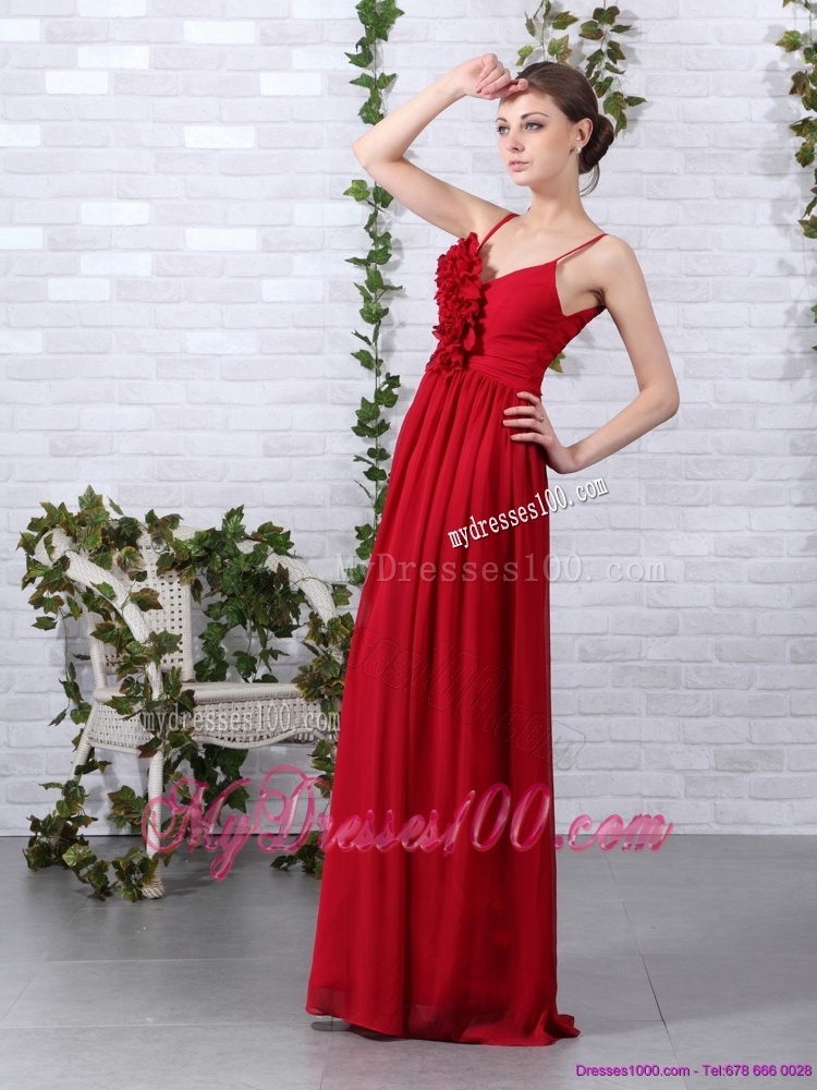 Spaghetti Straps Long Evening Dresses with Ruching and Hand Made Flowers