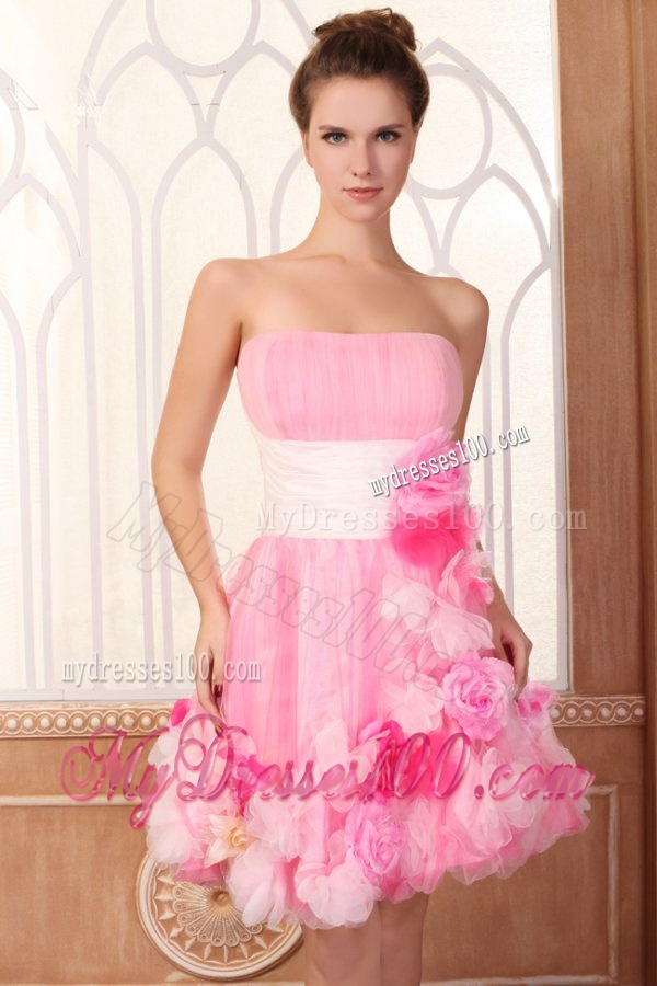 Strapless Hand Made Flowers Pink Evening Dress in Mini-length