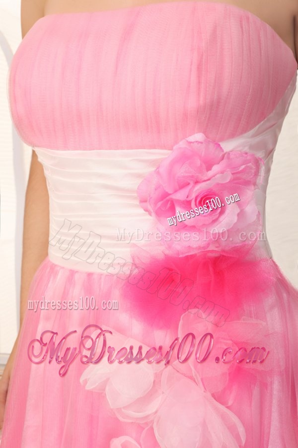 Strapless Hand Made Flowers Pink Evening Dress in Mini-length