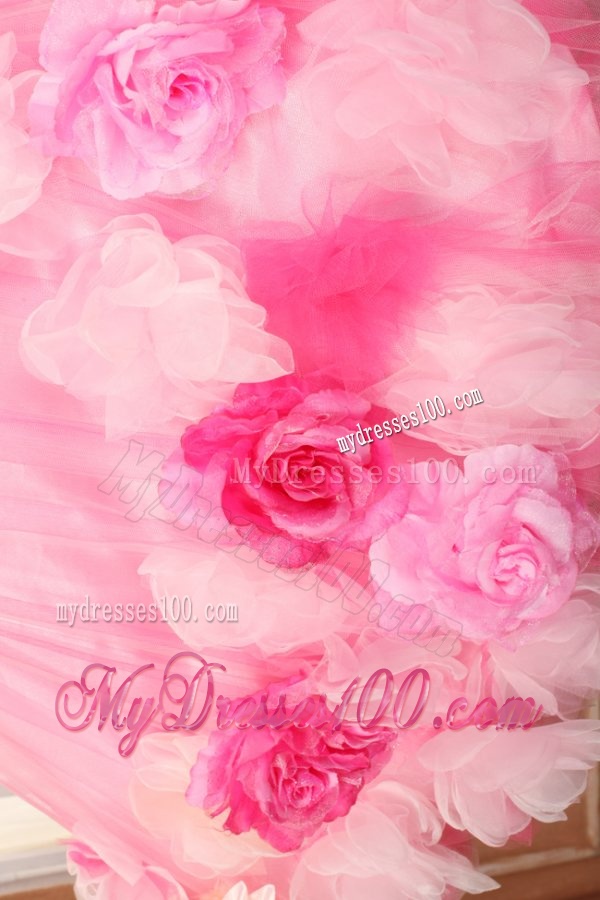 Strapless Hand Made Flowers Pink Evening Dress in Mini-length