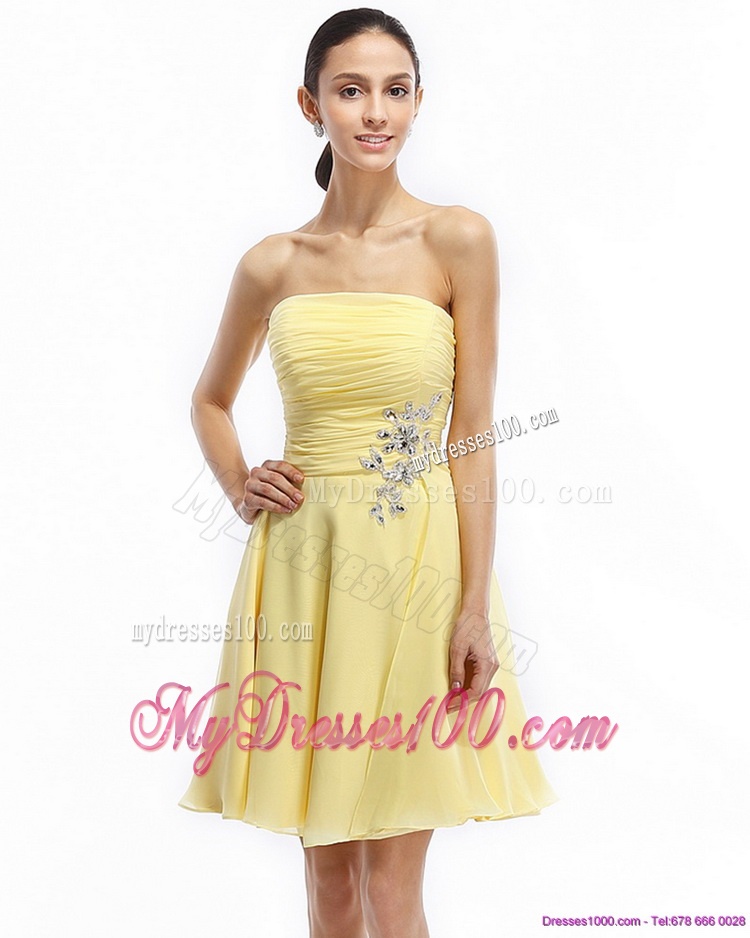 Strapless Mini Length Evening Dresses with Ruching and Rhinestones