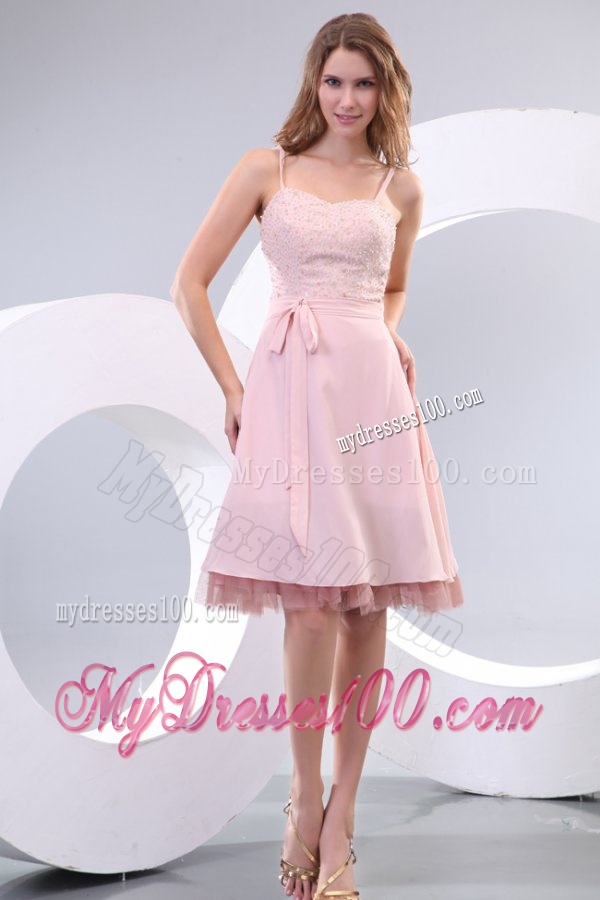 Straps Baby Pink Empire Knee-length Evening Dress with Beading and Bowknot