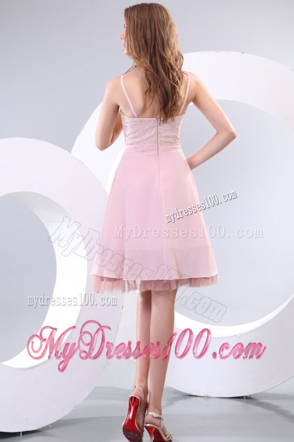 Straps Baby Pink Empire Knee-length Evening Dress with Beading and Bowknot