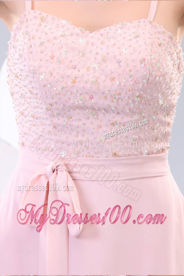 Straps Baby Pink Empire Knee-length Evening Dress with Beading and Bowknot