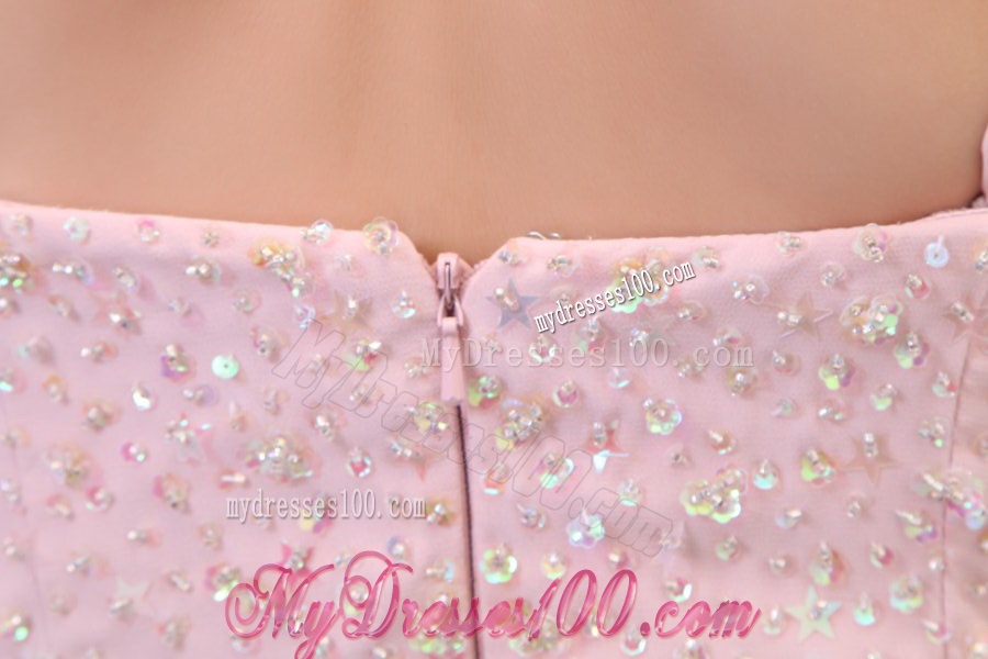 Straps Baby Pink Empire Knee-length Evening Dress with Beading and Bowknot