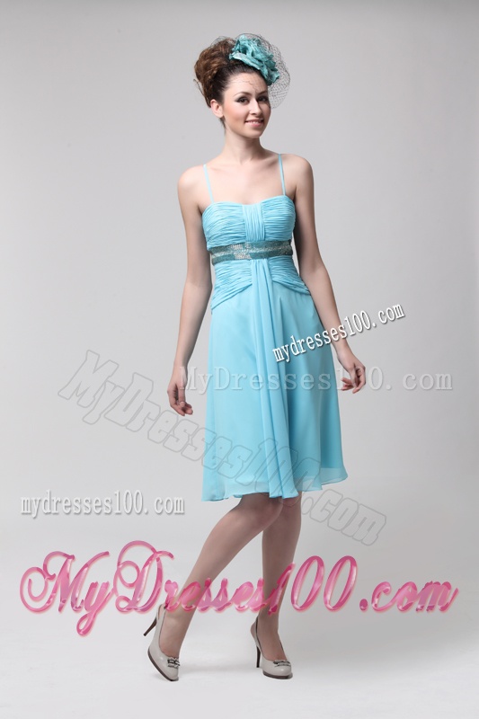 Sweet Strapless Knee-length Empire Blue Chiffon Evening Dress with Beading