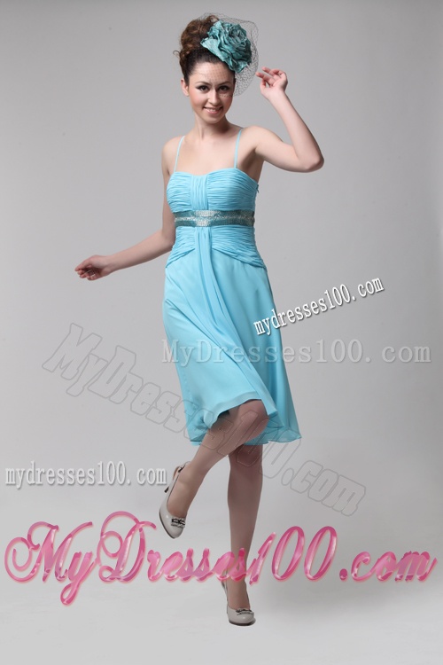 Sweet Strapless Knee-length Empire Blue Chiffon Evening Dress with Beading
