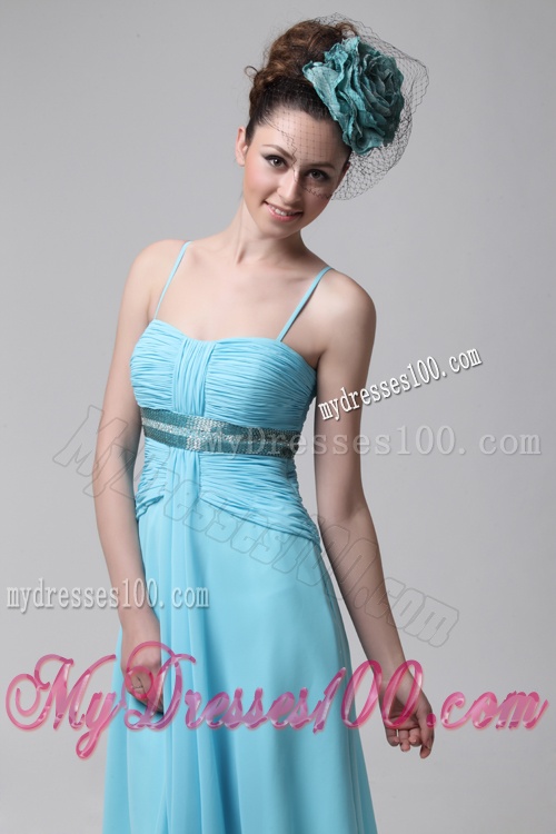 Sweet Strapless Knee-length Empire Blue Chiffon Evening Dress with Beading