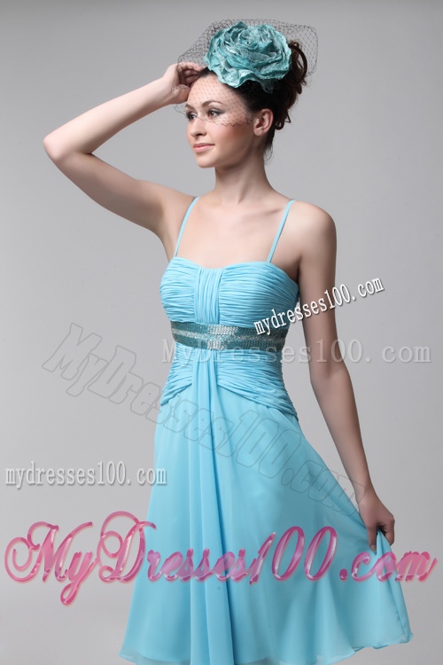 Sweet Strapless Knee-length Empire Blue Chiffon Evening Dress with Beading