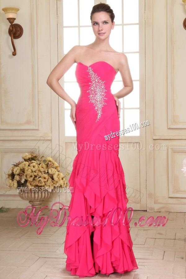 Sweetheart Floor-length Beaded Decorate Hot Pink Evening Dress in Chiffon