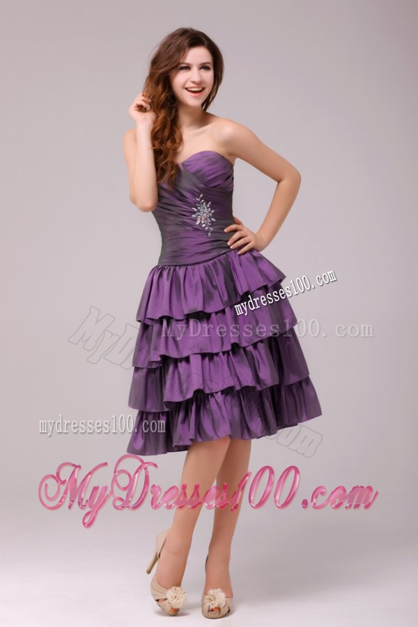 Sweetheart Knee-length Beaded Evening Dress with Ruffled Layers