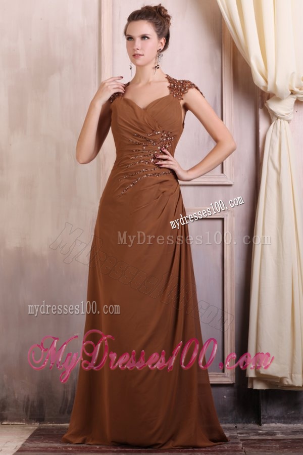V-neck Column Chiffon Appliques with Beading Evening Dress in Brown