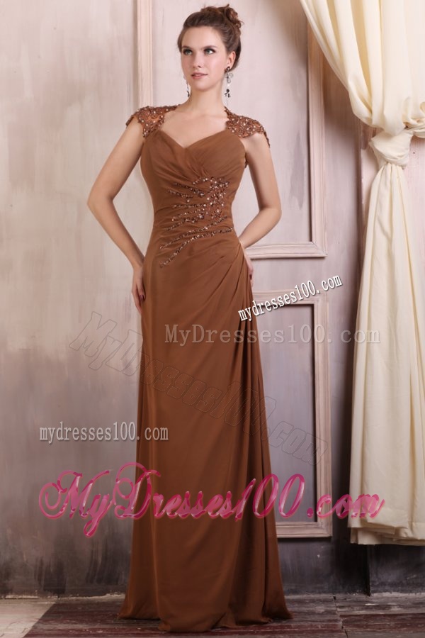 V-neck Column Chiffon Appliques with Beading Evening Dress in Brown