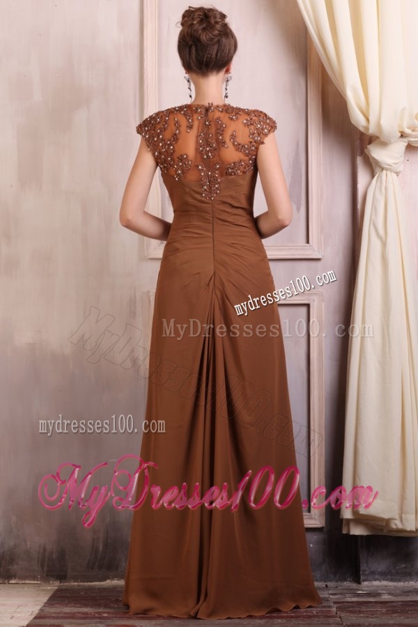 V-neck Column Chiffon Appliques with Beading Evening Dress in Brown