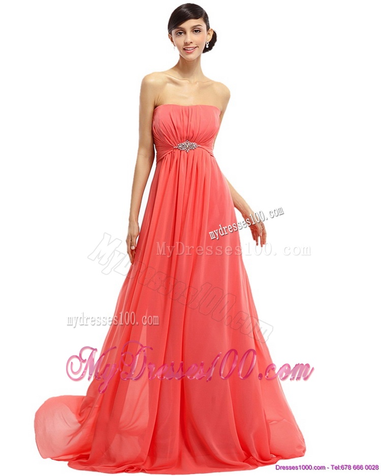 Watermelon Beading Long Evening Dresses with Ruching and Sweep Train