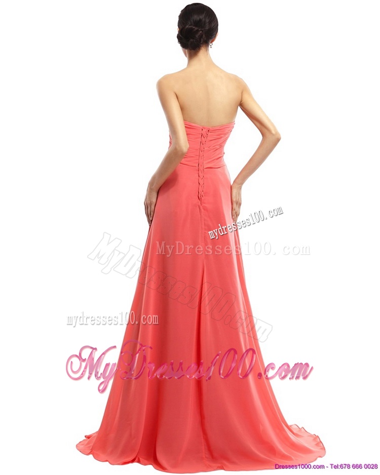 Watermelon Beading Long Evening Dresses with Ruching and Sweep Train