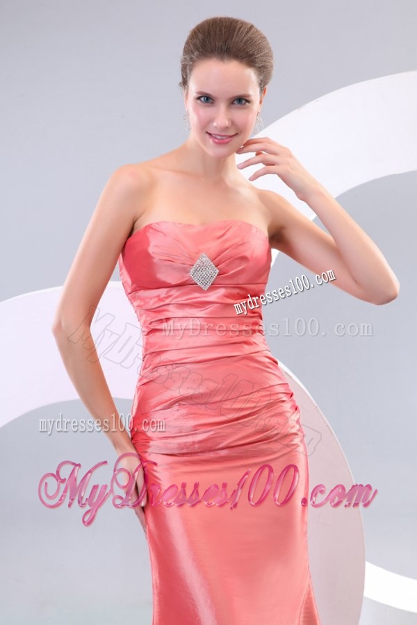 Watermelon Column Strapless Floor-length Taffeta Ruching Evening Dress with Lace Up