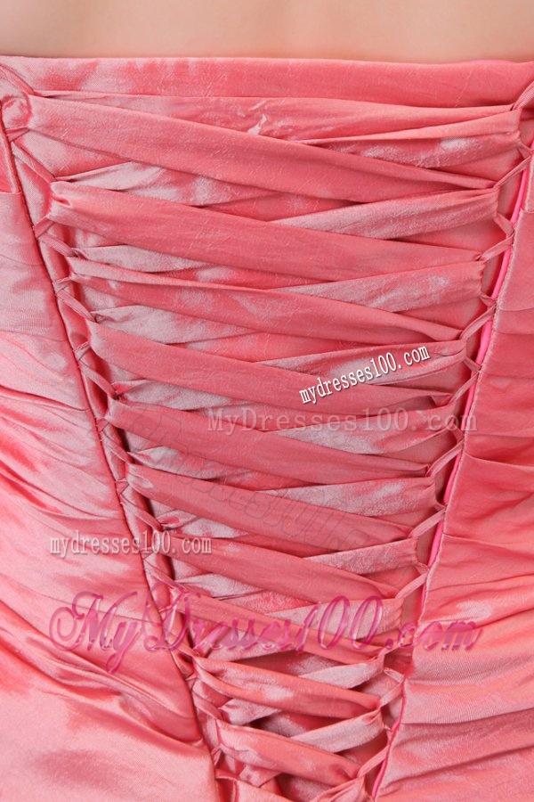 Watermelon Column Strapless Floor-length Taffeta Ruching Evening Dress with Lace Up