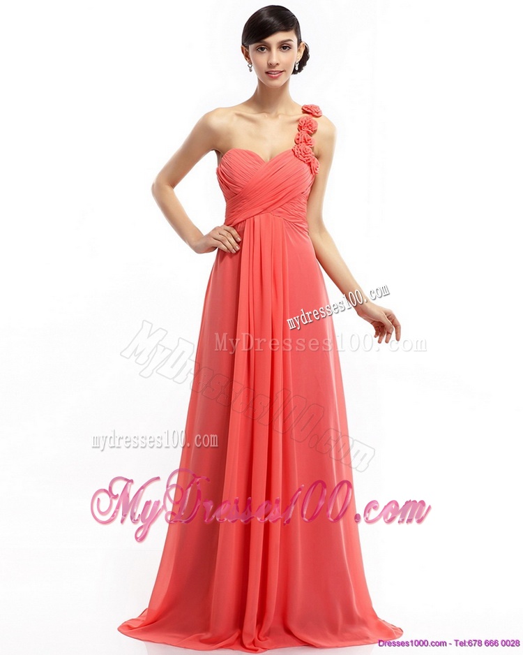 Watermelon Red One Shoulder Evening Dresses with Brush Train and Hand Made Flowers