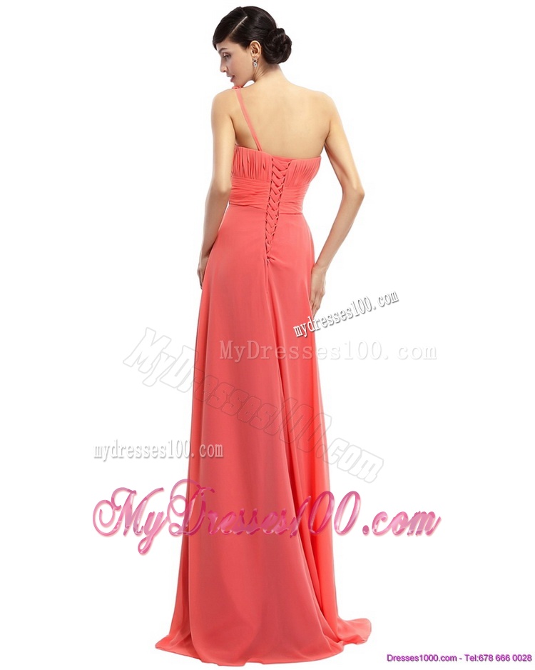 Watermelon Red One Shoulder Evening Dresses with Brush Train and Hand Made Flowers