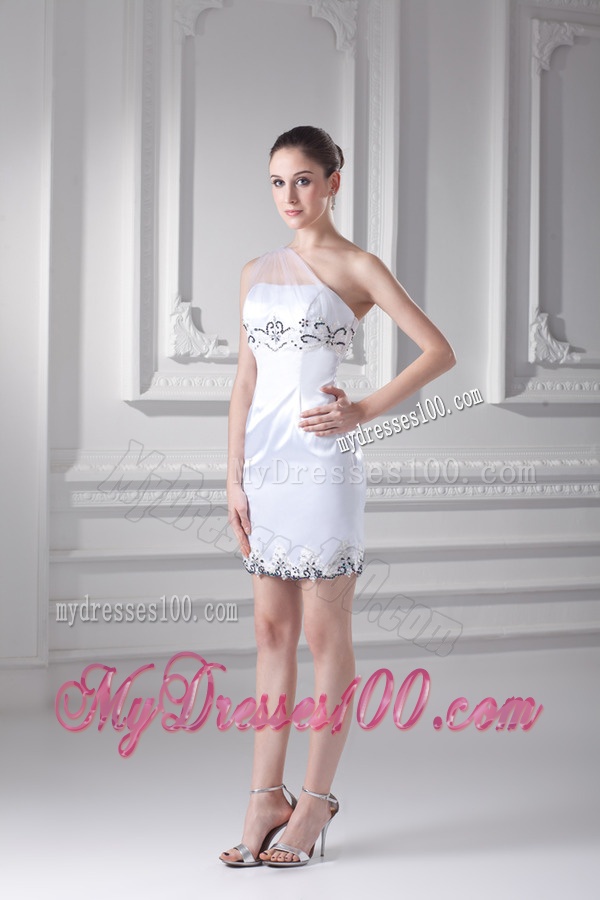 White One Shoulder Taffita Mini-length Evening Dress with Appliques and Ruching