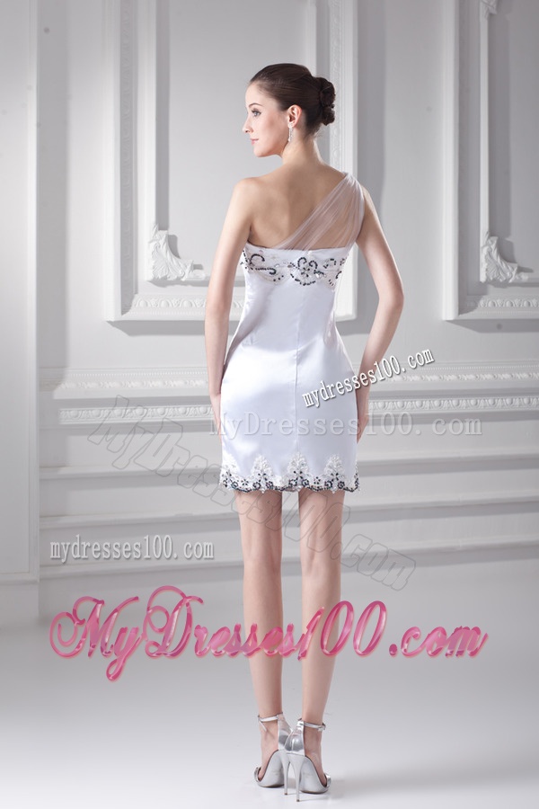 White One Shoulder Taffita Mini-length Evening Dress with Appliques and Ruching
